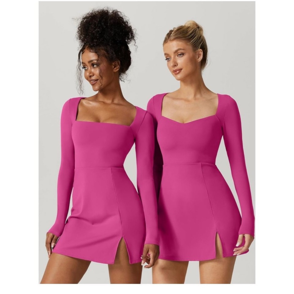 QINSEN Womens Square Neck Bodice Dress Long Sleeve Side Slit Flare Mini Dresses